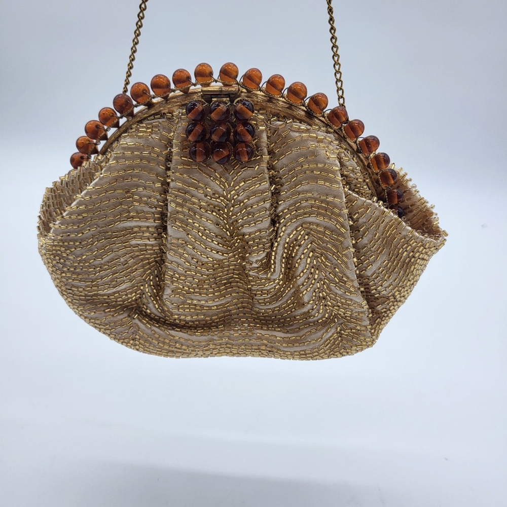 Magid Vintage Gold Beaded Evening Bag With Amber Trim